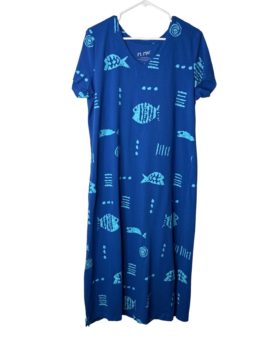 VERMONT COUNTRY M. MAC Fish Women’s Midi Maxi Dress Large Blue Coastal Beach